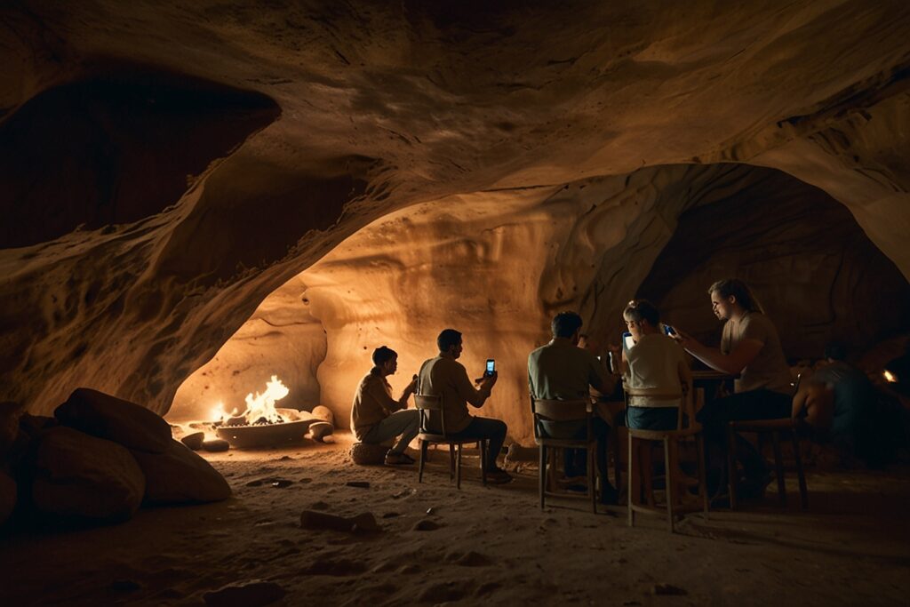 We Have Evolution to Blame 2 Cavemen with mobile phones