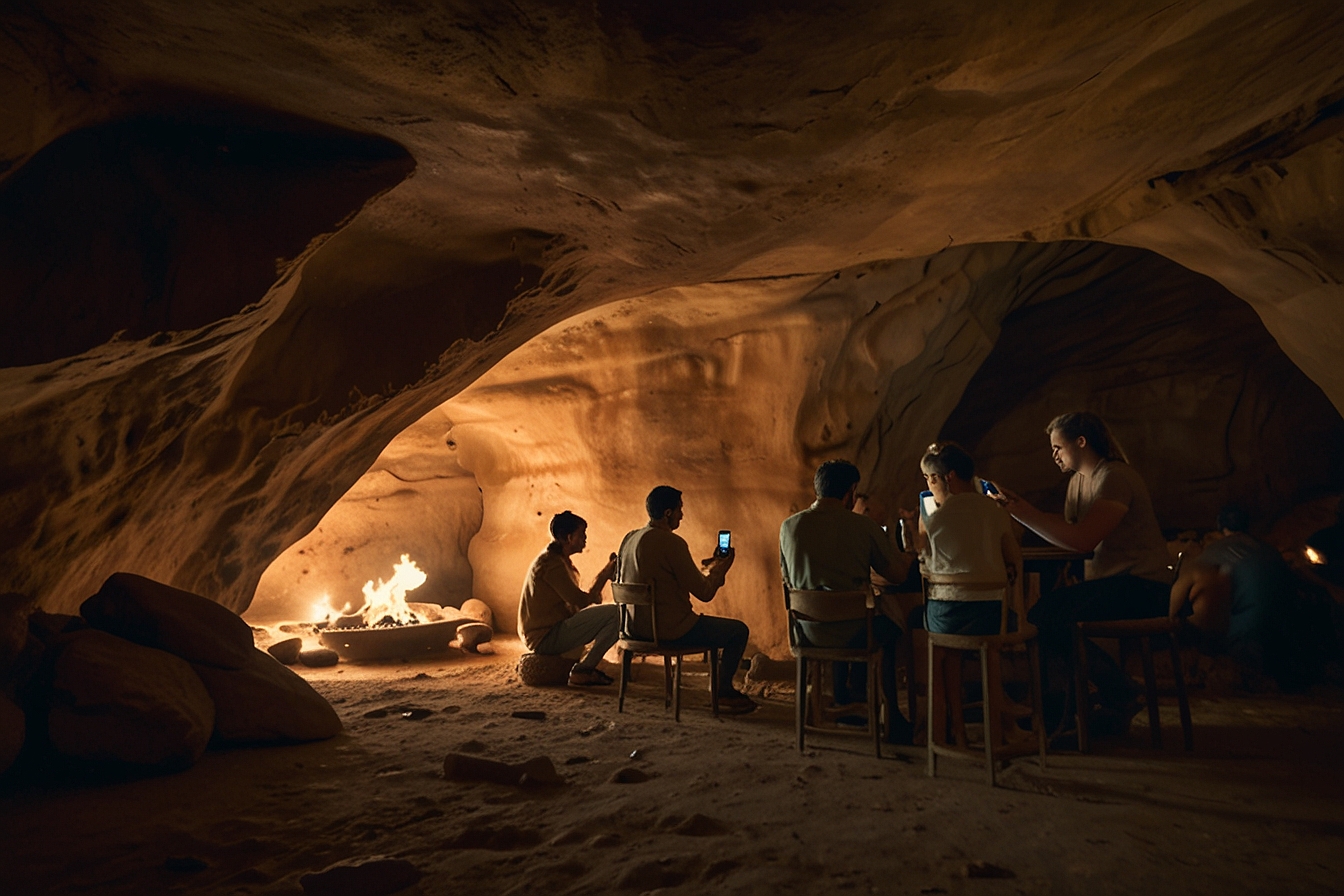 Default cave drawing with people using mobile phones and watch 1